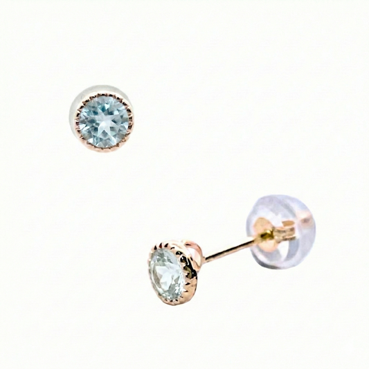 アクアマリン　ラウンド　ミルピアス　K10YG