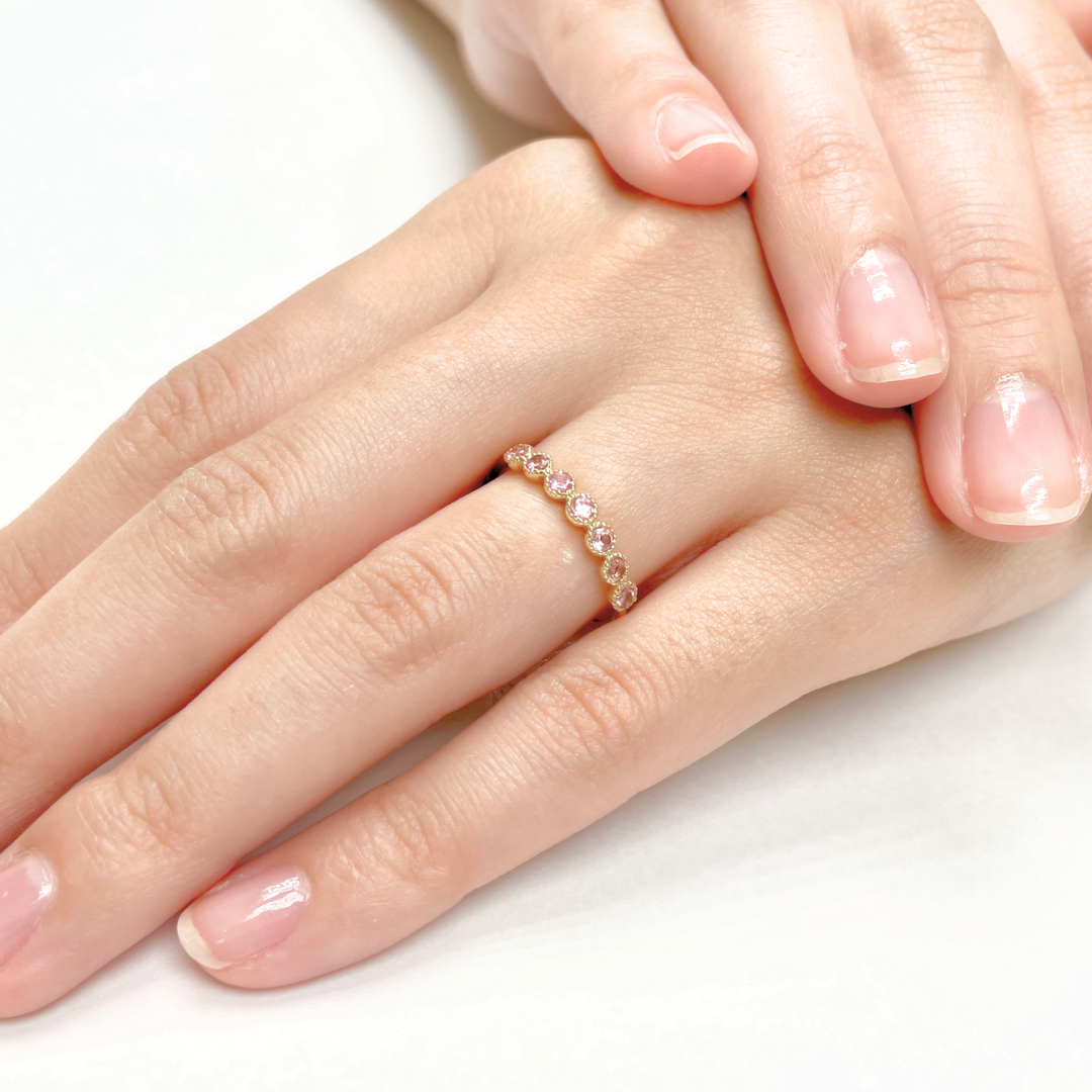 ピンクトルマリン ミル打ちハーフエタニティ リング K10YG