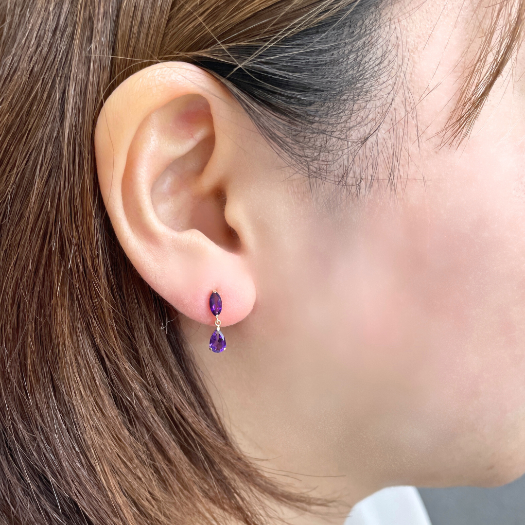 アメジスト　ツインドロップ　ピアス　K10YG