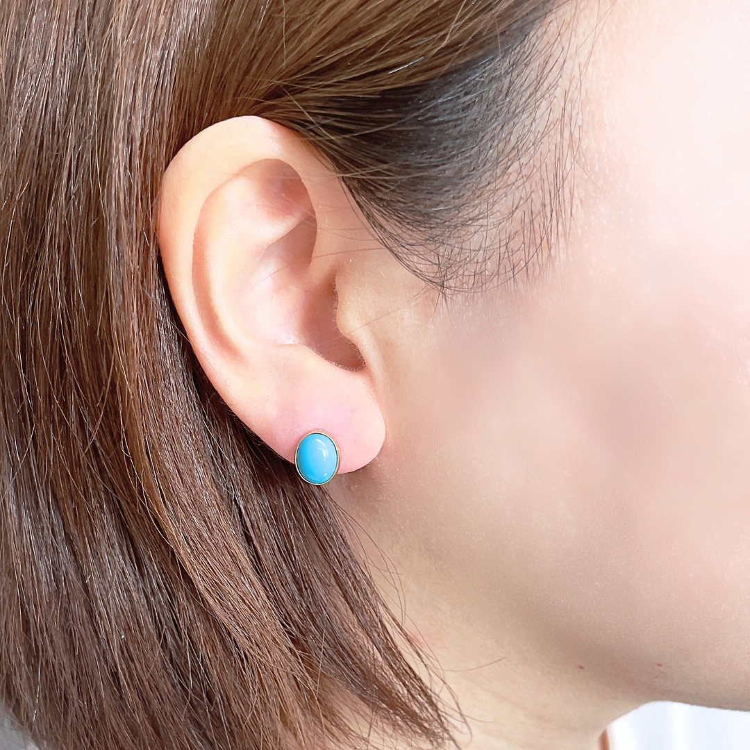 ターコイズ　オーバルカボッション　スタッドピアス　K10YG