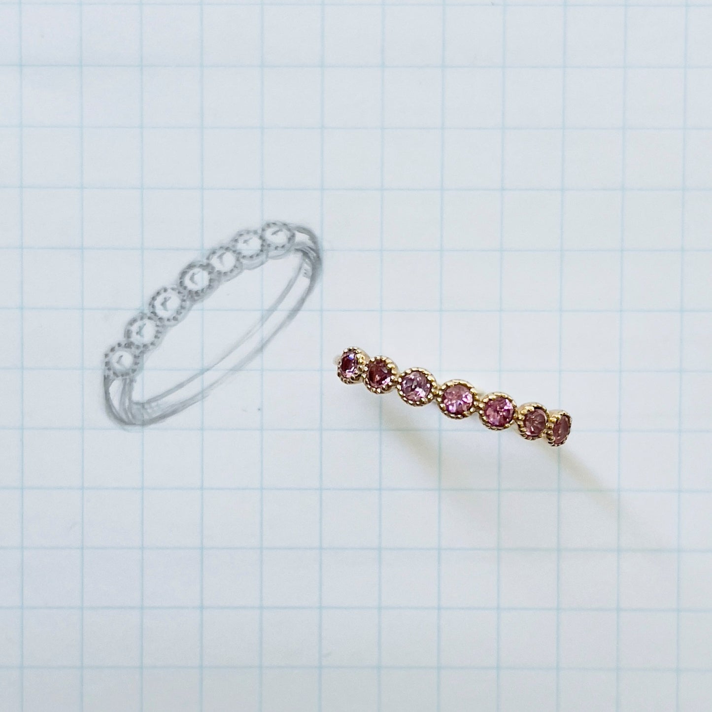 ピンクトルマリン ミル打ちハーフエタニティ リング K10YG