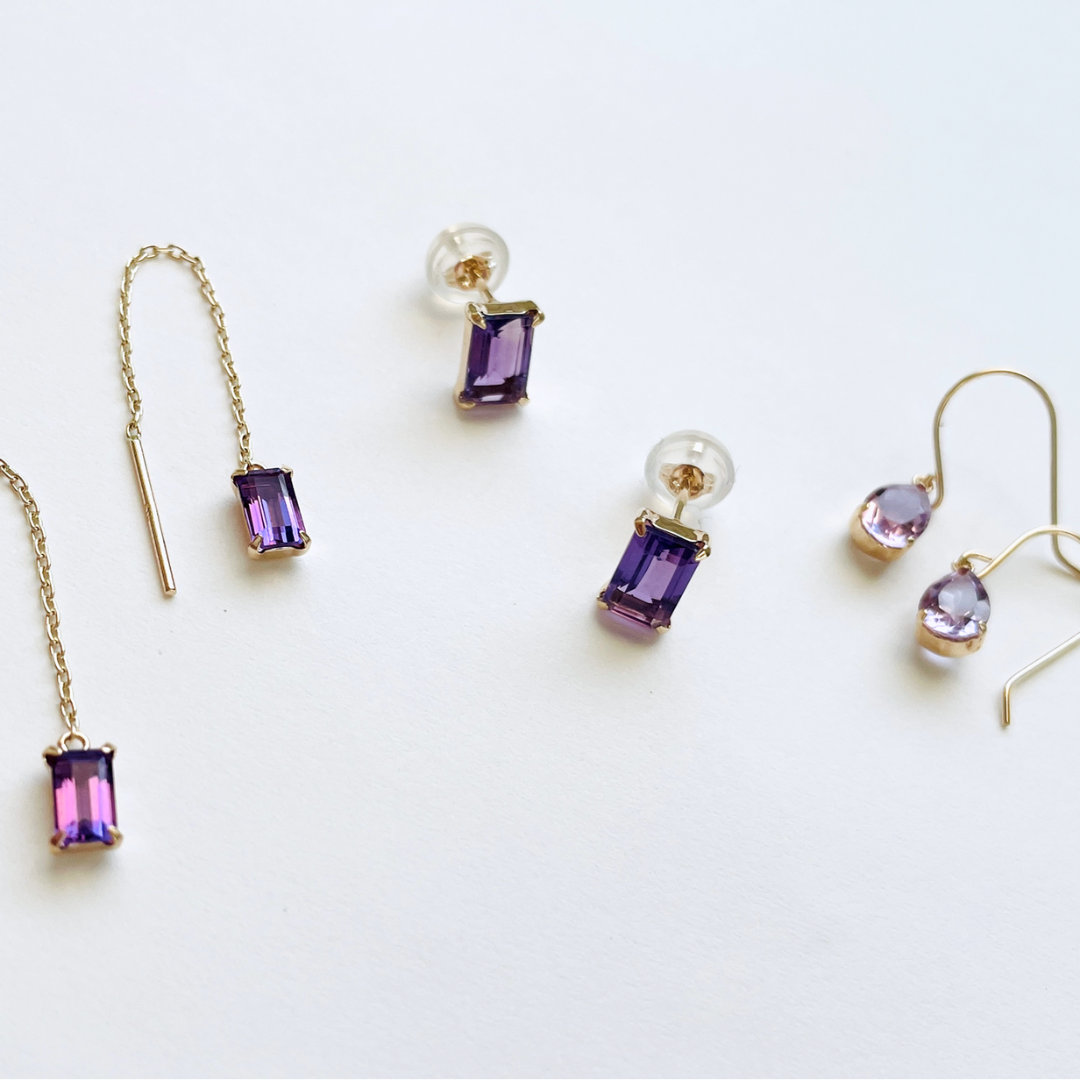 アメジスト　スクエアカット　スィングピアス　K10YG