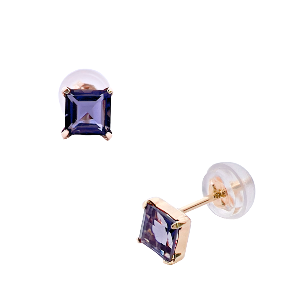 アイオライト　スクエアカット　スタッドピアス　K10YG