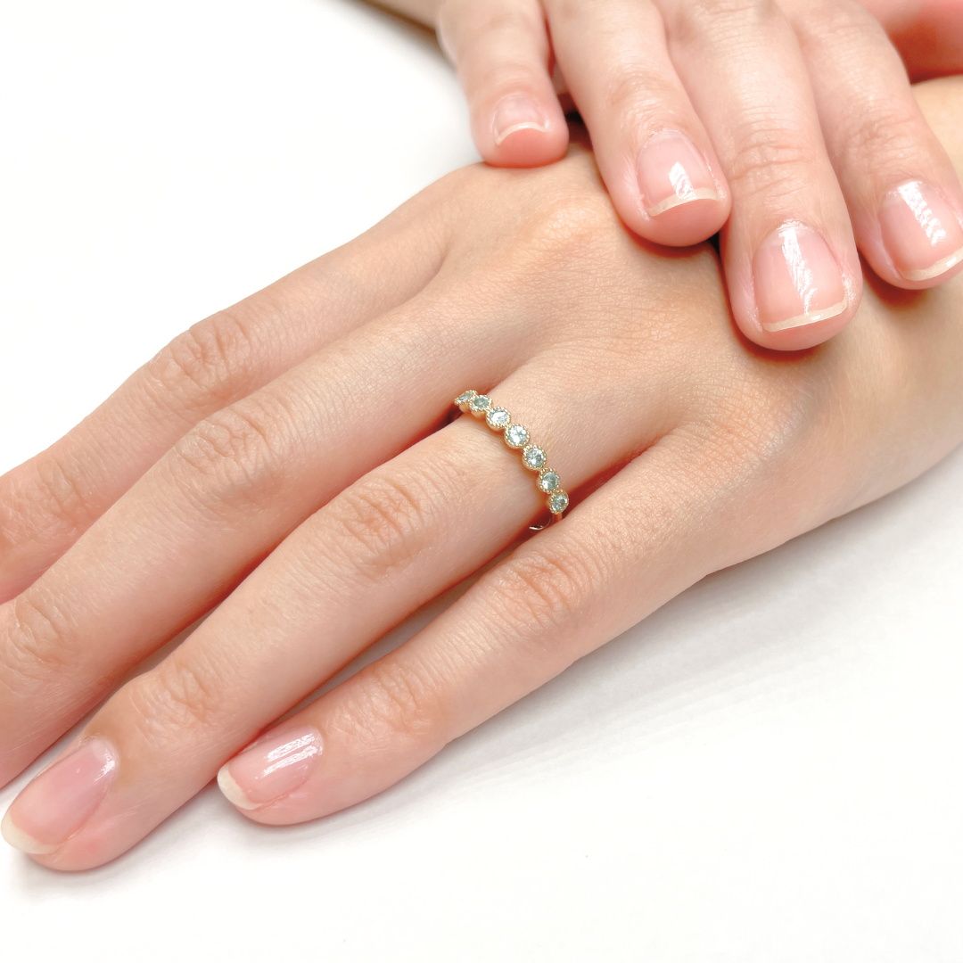 アクアマリン ミル打ちハーフエタニティ リング K10YG