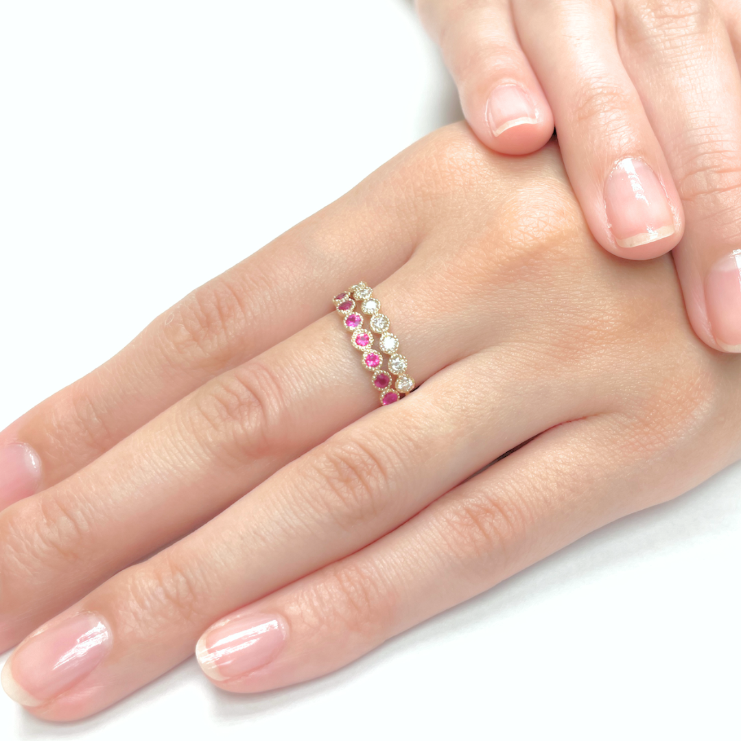 ルビー ミル打ちハーフエタニティ リング K10YG