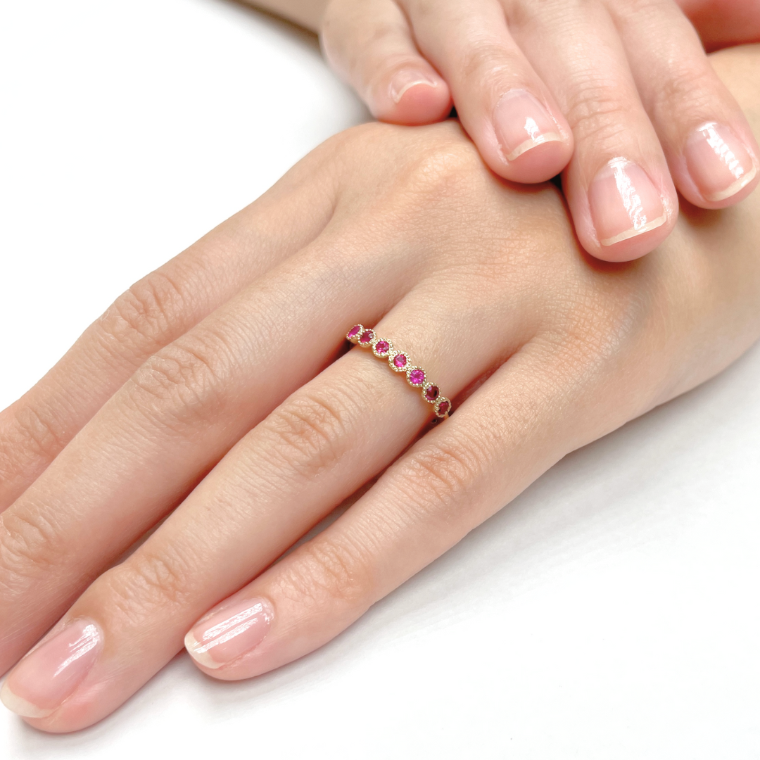 ルビー ミル打ちハーフエタニティ リング K10YG