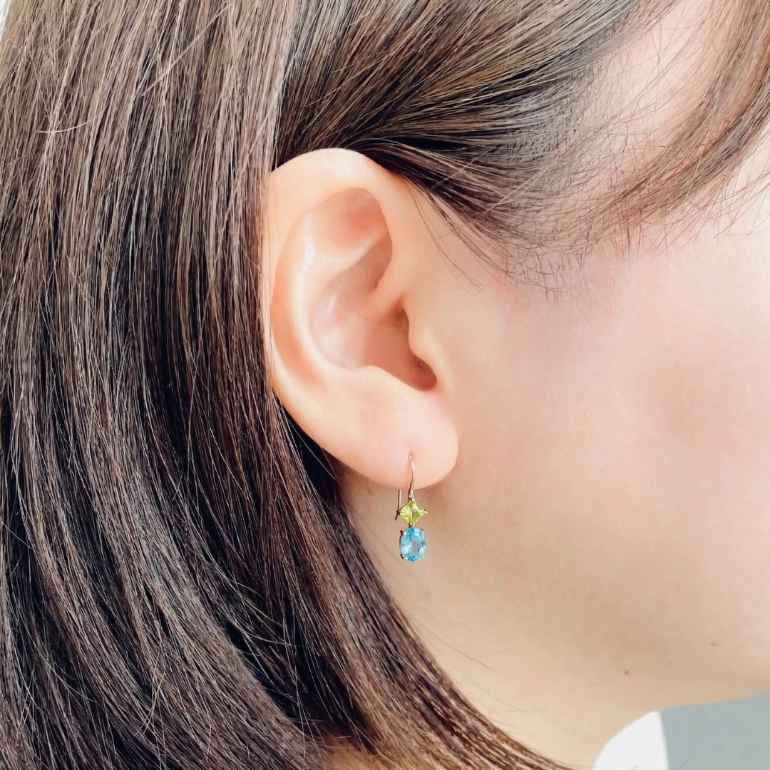 ペリドット×ブルートパーズ　フックピアス　K10YG