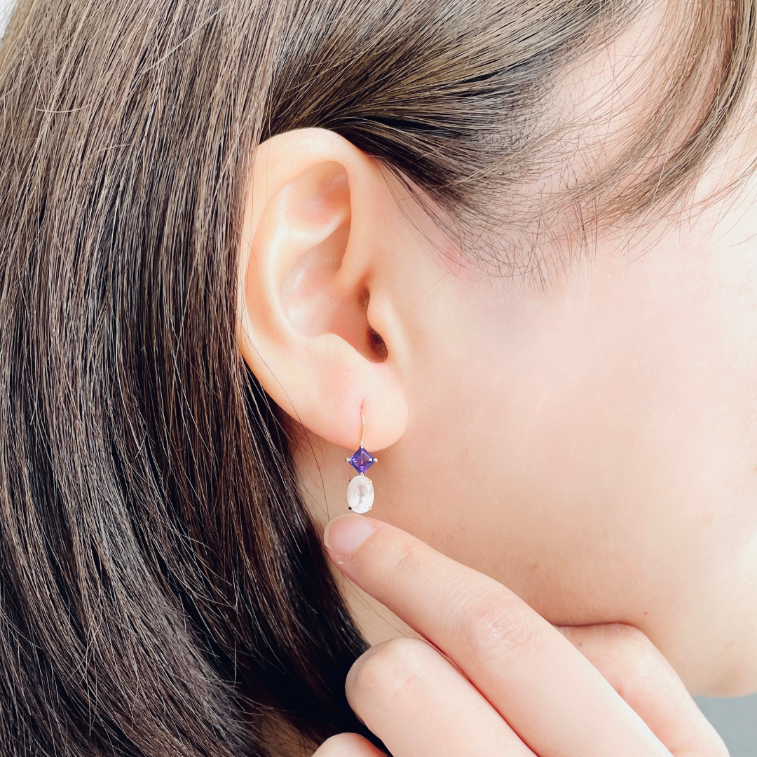 アメジスト×ローズクォーツ　フックピアス　K10YG