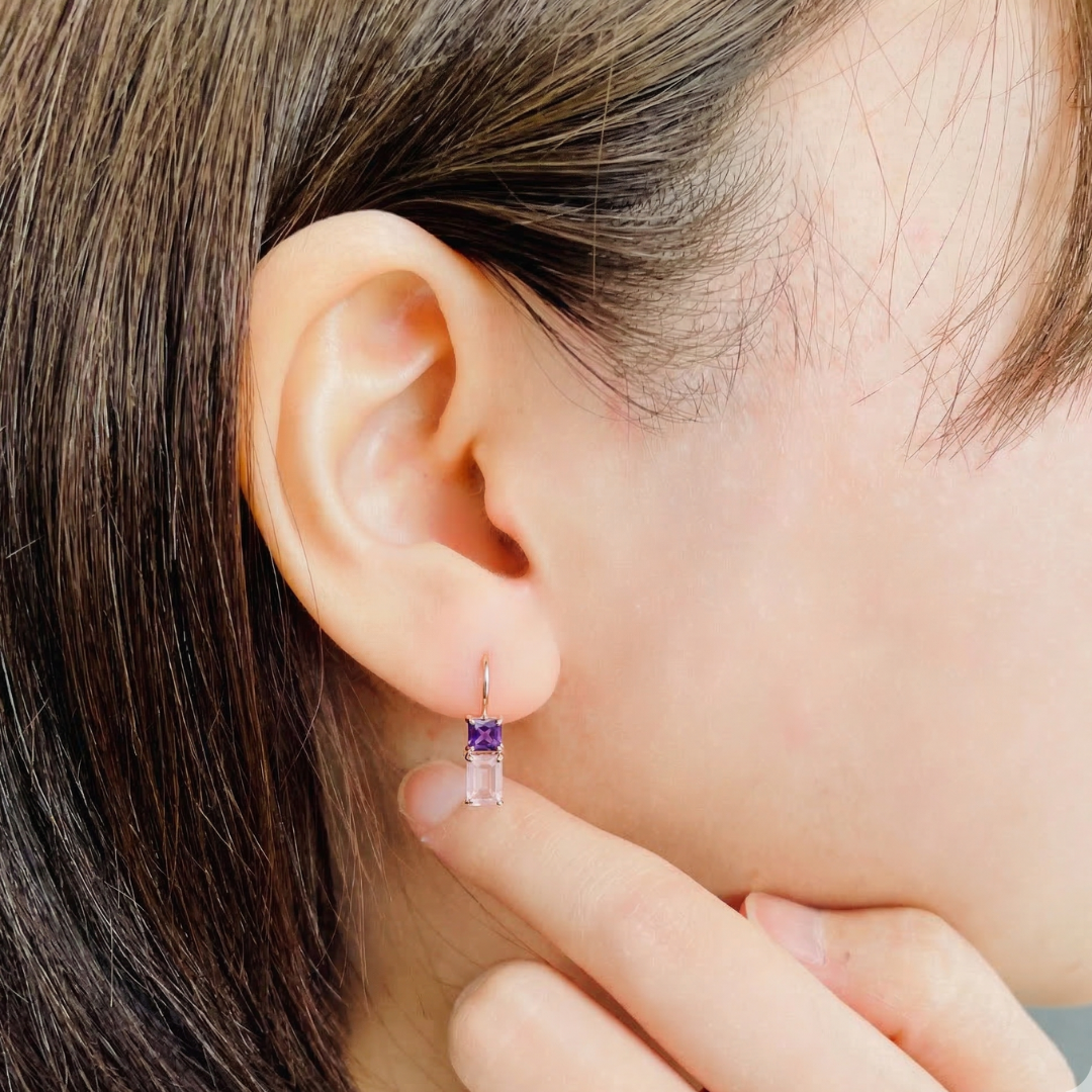 アメジスト×ローズクォーツ　フックピアス　K10YG