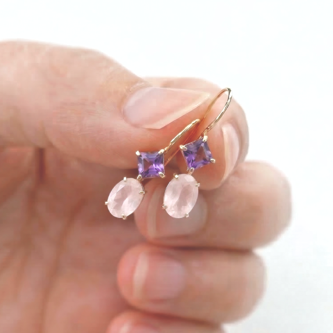 アメジスト×ローズクォーツ　フックピアス　K10YG