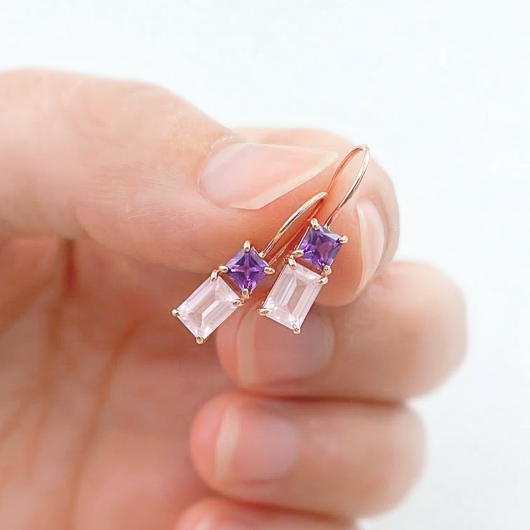 アメジスト×ローズクォーツ　フックピアス　K10YG