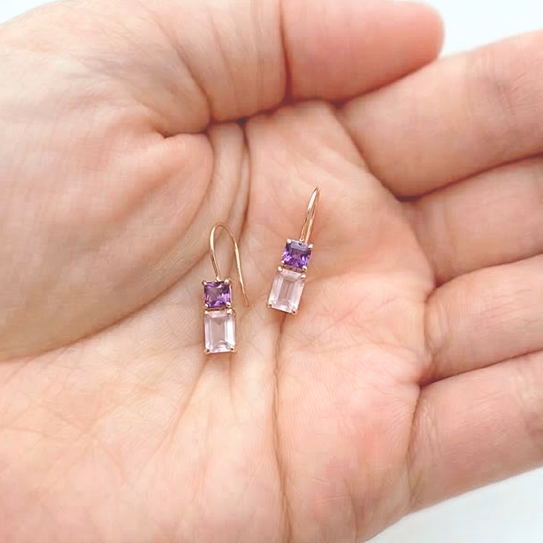 アメジスト×ローズクォーツ　フックピアス　K10YG