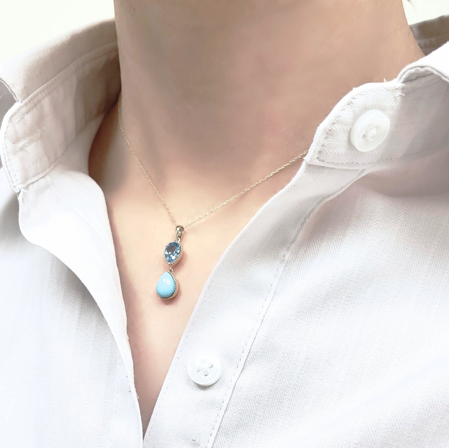 ブルートパーズ×ターコイズ　ネックレス　K10YG